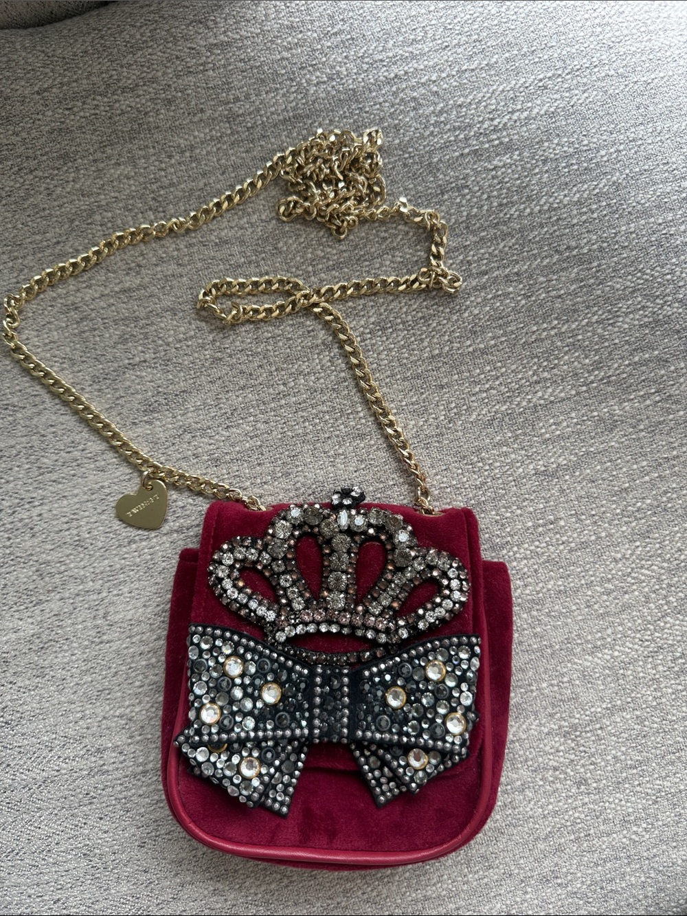 Twin-Set Red Velvet Crossbody Bag with Bejeweled Crown & Bow